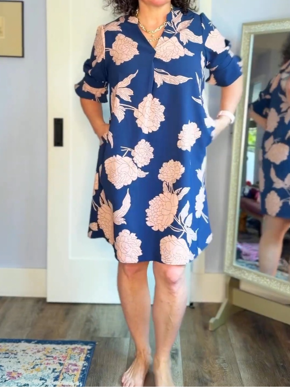 zeagoo Navy Midi Dress with Blush Floral Print
